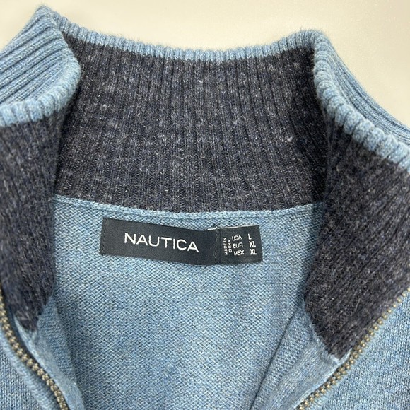 Nautica Sweater Mens Large Blue Pullover Quarter Zip Logo Mock Neck - Picture 3 of 7
